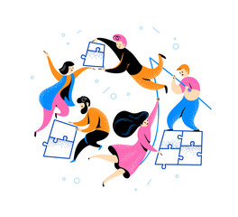 Fototapeta na wymiar Flat connection concept with people putting together puzzle pieces isolated on white background. Togetherness, collaboration metaphor. Vector illustration.