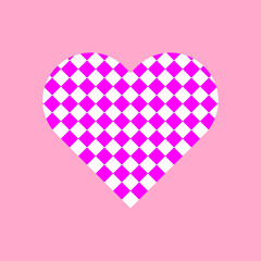 Purple and white squares repeat pattern in heart symbol vector isolated on pink background.