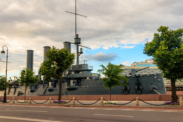 Old revolutionary Aurora cruiser,  the symbol of the October revolution, currently preserved as a...