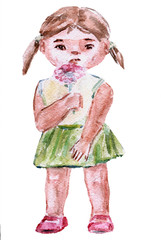 Little girl holding a pink flower. On white background. Hand drawn in watercolor.