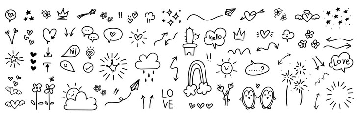 cute hand drawn doodle vector set, love, Natural , firework, cloud, weather, rainbow, snow, heart and creative design vector collection. 