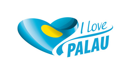 Fototapeta na wymiar National flag of the Palau in the shape of a heart and the inscription I love Palau. Vector illustration