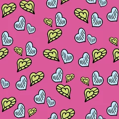 Fototapeten Seamless pattern with colorful hand drawn hearts on a pink background. It can be used for decoration of textile, paper and other surfaces. © irinapugacheva