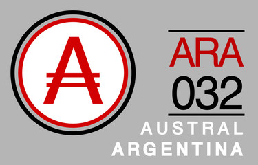 A, ARA, 032, Austral, Argentina Banking Currency icon typography logo banner set isolated on background. Abstract concept graphic element. Collection of currency symbols ISO 4217 signs used in country © ASEF