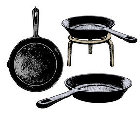 .Set of cast iron frying pans. Vector vintage illustration of kitchen utensils. Clipart.