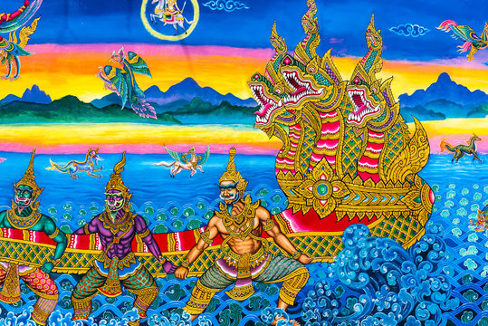 Chiang Mai , Thailand - January, 17, 2020 : Buddhist art paint style in public temple of Chiang Mai , Thailand