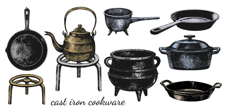 .A set of varied cast iron cookware. Cauldron; ladle, frying pans, stew pan,kettle, roaster and stand. Vector vintage illustration of isolated kitchen utensils. Clipart..