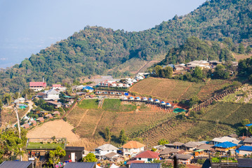 Fototapeta premium Chiang Mai , Thailand - January, 18, 2020 : Landscape of accommodation in the mountains from Doi Mon Jam in Chiang Mai and Tourist Attractions Northern of Thailand