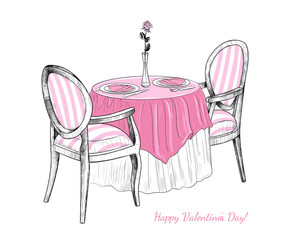 ..Vector illustration of a romantic dinner on Valentine's Day.Two armchairs,round table with a tablecloth,cutlery and a vase with a rose.Color sketch, vintage.
