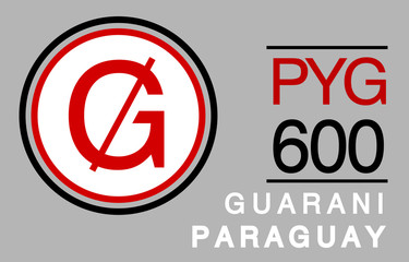 G, PYG, 600, Guarani, Paraguay Banking Currency icon typography logo banner set isolated on background. Abstract concept graphic element. Collection of currency symbols ISO 4217 signs used in country