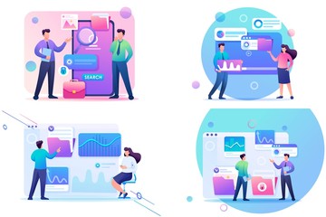 Set 2D Flat concepts young people using mobile apps for gadgets. For Concept for web design