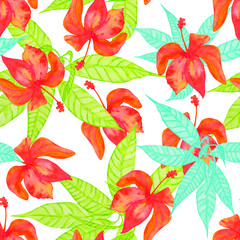 tropical seamless pattern with hibiscus flowers and mango leaves on a white background, summer floral print of watercolor texture.