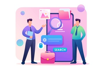 Young people use the mobile app to search for information. Flat 2D character. Concept for web design