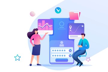 Young people using mobile apps for data analysis. Flat 2D character. Concept for web design