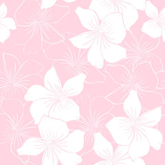 Fototapeta na wymiar Floral seamless pattern in delicate colors, white flowers on a pink background, spring print with plumeria flower.