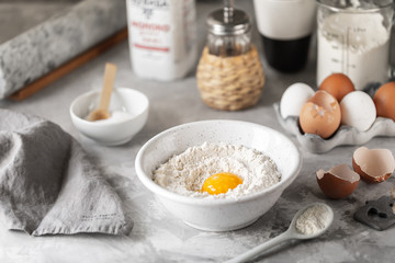Close-up ingredients for baking pancakes, muffins, cakes