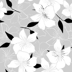 white flowers on ultimate gray background, seamless floral pattern, black and white print with tropical plumeria.