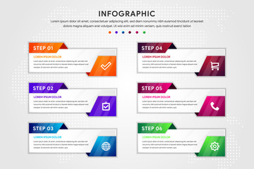 Infographics tab in horizontal paper index with six data template. Vector illustration abstract background. Can be used for workflow layout, business step, banner, web design.