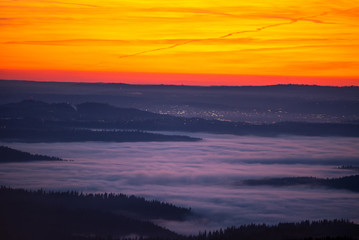 Winter Dusk Sunset and Fog Covered Valley in Spokane, WA