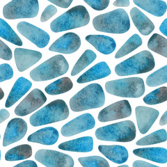 Watercolor abstract sea pebble stones on white background seamless pattern. Blue, turquoise, green, gray, brown colors.