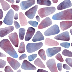 Watercolor abstract sea pebble stones on white background seamless pattern. Blue, gray, beige, pink, violet and purple colors.