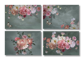 Business cards with flowers and butterflies set.