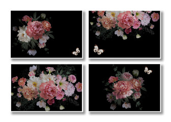 Beautiful garden flowers and butterflies on black background. Business cards set.