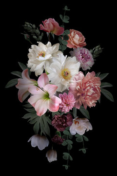 Baroque bouquet. Beautiful garden flowers and leaves on black background.