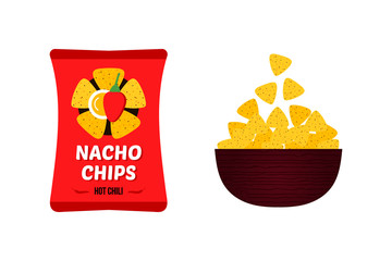 Vector illustration, icons of tortilla chips, nacho chips in bright red package and in big wooden bowl. 