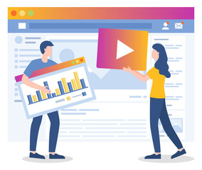 Man and woman stand with statistics board. Media marketing use platforms and websites to promote product or service. People work together on promotion of social networks. Vector illustration in flat