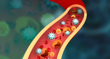 Fototapeten Virus in bloodstream. medical background. 3d illustration. © Rasi