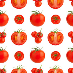 Seamless pattern of red tomatoes on white background isolated closeup, cut and whole cherry tomato repeating ornament, fresh vegetables art wallpaper, healthy natural food concept, trendy print design