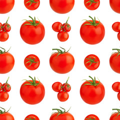 Seamless pattern of red tomatoes on white background isolated closeup, whole cherry tomato bunch repeating ornament, fresh vegetables art wallpaper, healthy natural food concept, trendy print design