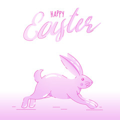 Happy Easter Font with Cute Rabbit Running on Pink and White Background.