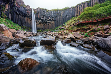 Gorgeous landscape with famous Svartifoss waterfall, another named Black fall. Skaftafell,...