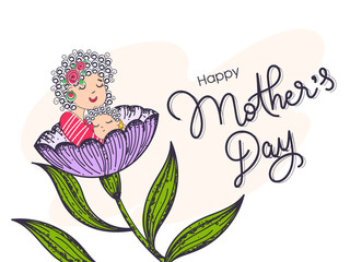 Mother Hugging Her Baby in Flower with Leaves on White Background for Happy Mother's Day Celebration Concept.