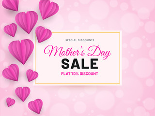 Mother's Day Sale Poster Design with 70% Discount Offer and Origami Paper Hearts Decorated on Pink Bokeh Blur Background.