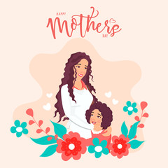 Young Woman Hugging Her Daughter and Flowers on Peach Background for Happy Mother's Day Celebration Concept.