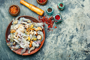 Fresh seafood on stone table