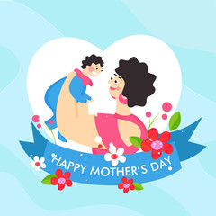 Happy Mother's Day Poster Design with Woman Lifting Up Her Child and Flowers on White Heart Shape and Blue Background.