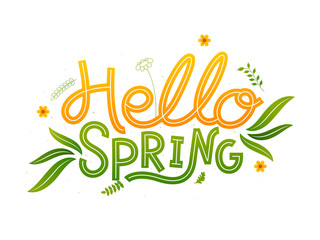 Hello Spring Font with Flowers and Leaves on White Background.