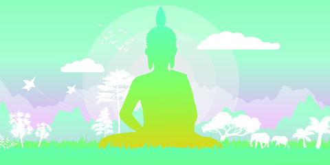 Obraz na płótnie Canvas vesak day banner with Silhouette Big Buddha statue on mountain view in evening time vector design