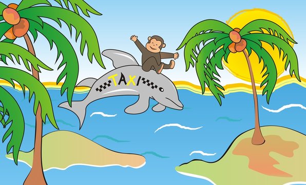 Dolphin and Monkey, cute illustration, vector