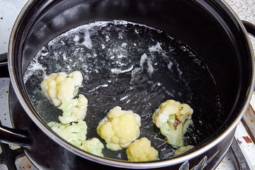 Cooking Broccoli and a bowl of boiling water on the stove