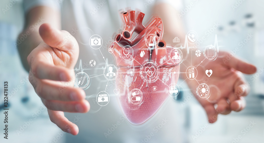 Poster Man using digital x-ray of human heart holographic scan projection 3D rendering