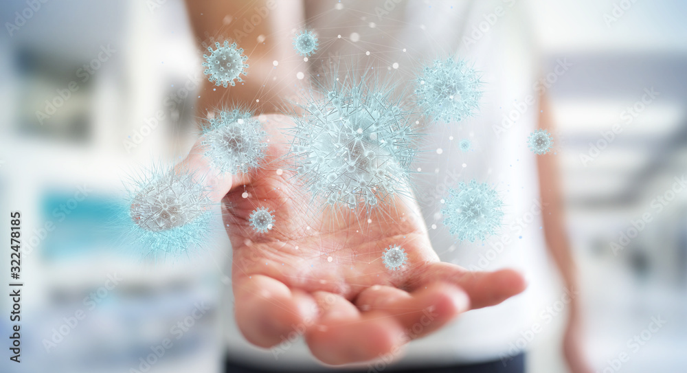 Poster Man analyzing bacteria with digital holographic projection close-up 3D rendering
