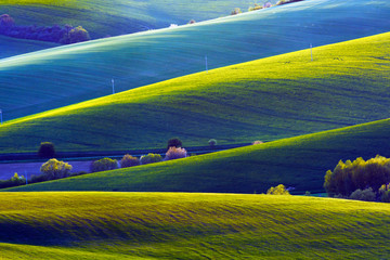 Obraz premium Picturesque rural landscape with green agricultural fields and trees on spring hills. South Moravia region, Czech Republic