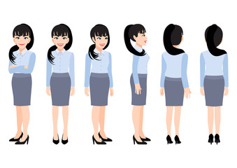 Obraz premium Cartoon character with business woman in smart shirt for animation. Front, side, back, 3-4 view character. Flat vector illustration.