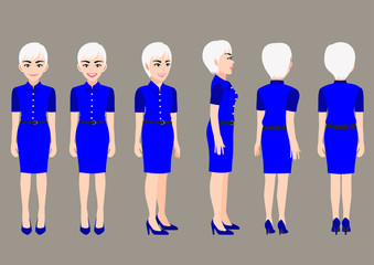 Cartoon character with business woman in beautiful dress for animation. Front, side, back, 3-4 view character. Flat vector illustration.