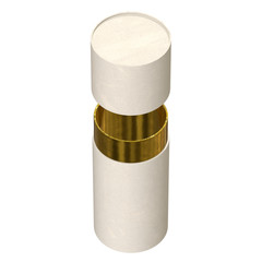 Kraft paper cardboard tube package with gold part mock up. 3d render isolated on white background.